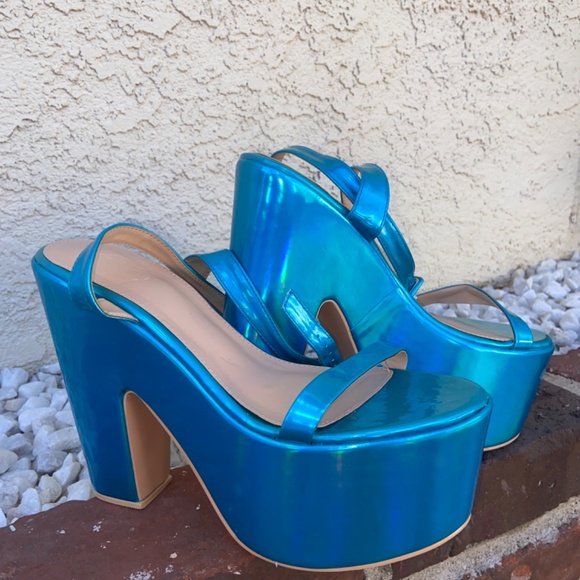 C DANCER IRIDESCENT BLUE PLATFORMS UNICORN RAINBOW MERMAID HEELS STRAPPY PLEASER - Picture 5 of 12